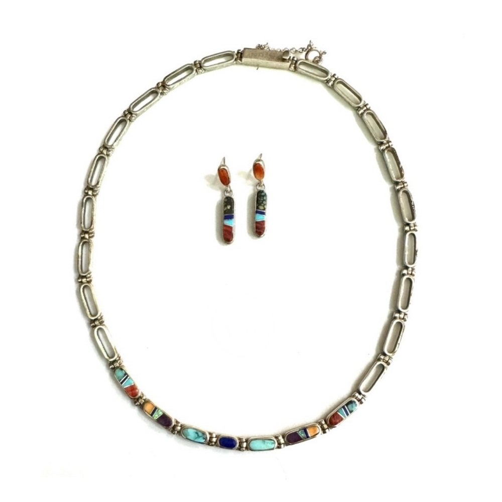 Signed - Calvin Begay Navajo Vintage Multi-stone Inlay Necklace & Earrings